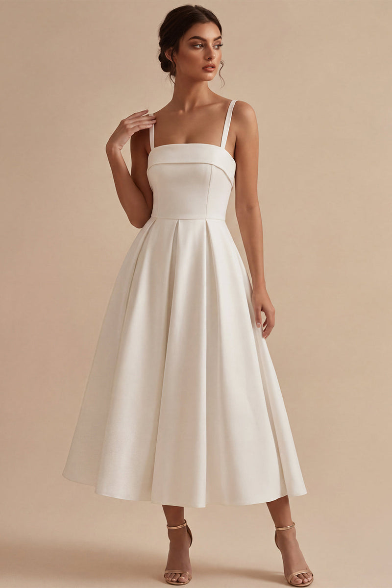 Laden Sie das Bild in den Galerie-Viewer, Weißes A-Linie Spaghettiträger Elegantes Midi Standesamt Kleid
