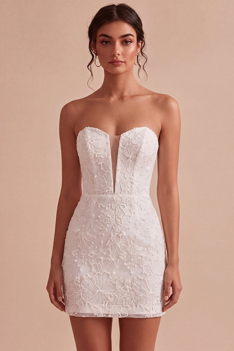 Laden Sie das Bild in den Galerie-Viewer, Sweetheart Weißes Floral Bodycon Standesamt Kleid