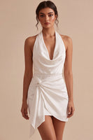 Laden Sie das Bild in den Galerie-Viewer, Halter Bodycon Gerafftes Rückenloses Kleines weißes Kleid