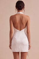 Laden Sie das Bild in den Galerie-Viewer, Halter Bodycon Gerafftes Rückenloses Kleines weißes Kleid