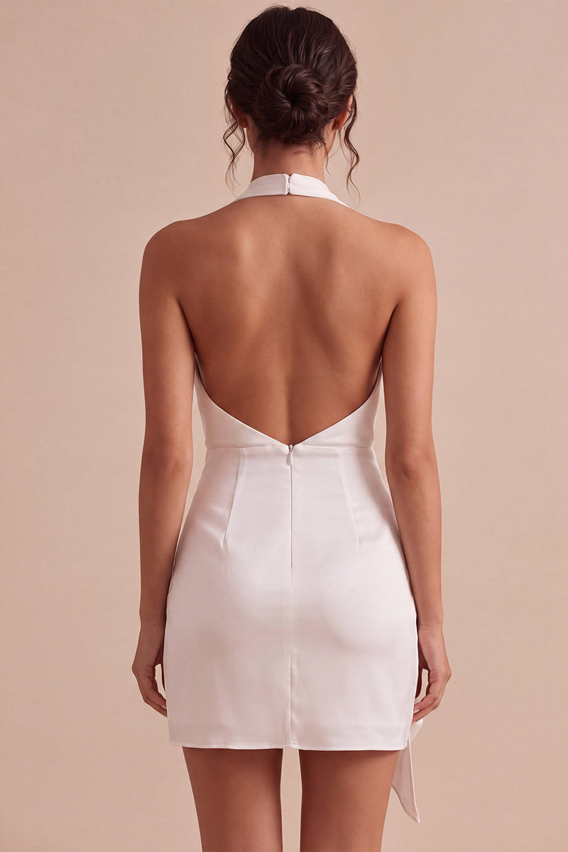 Laden Sie das Bild in den Galerie-Viewer, Halter Bodycon Gerafftes Rückenloses Kleines weißes Kleid