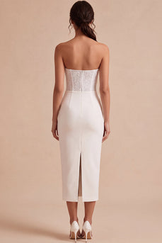 Weißes Trägerloses Midi Bodycon Gerafftes Korsett Standesamt Kleid mit Schlitz