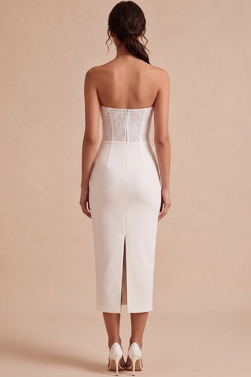 Laden Sie das Bild in den Galerie-Viewer, Weißes, trägerloses Midi-Bodycon gerafftes Korsett-Verlobungskleid mit Schlitz
