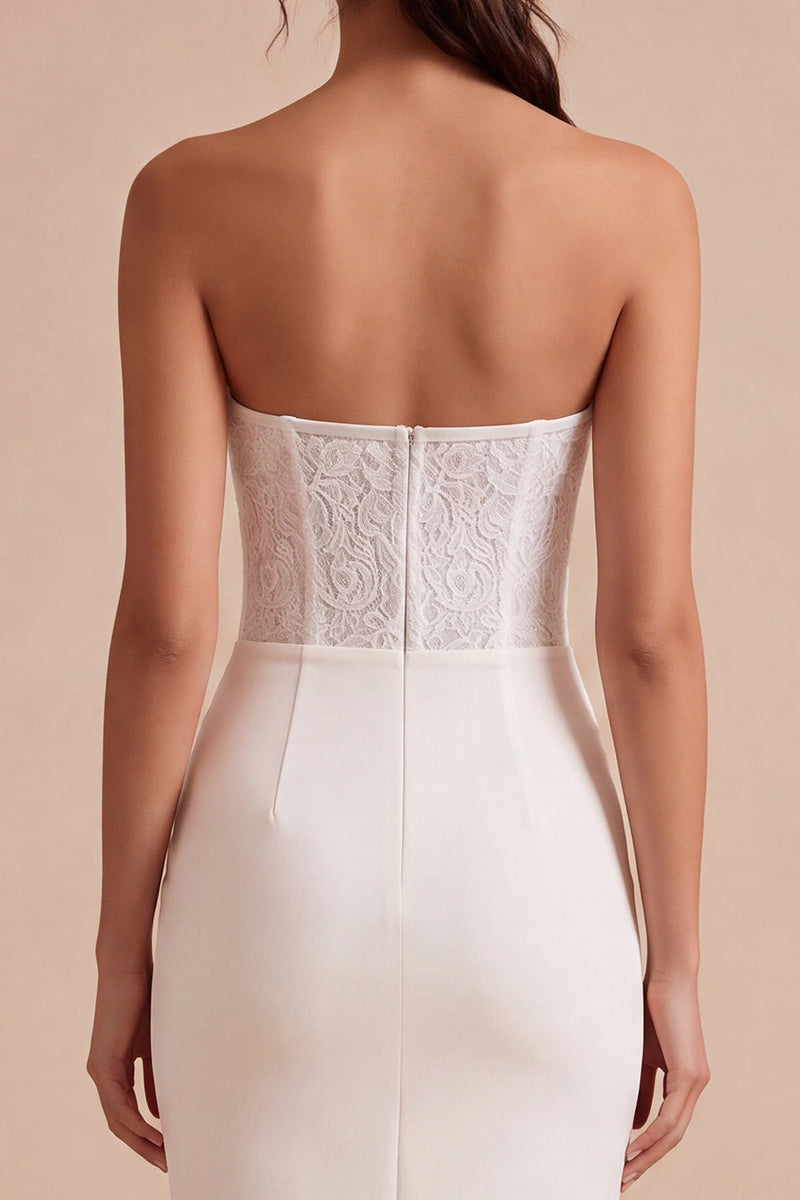Laden Sie das Bild in den Galerie-Viewer, Weißes, trägerloses Midi-Bodycon gerafftes Korsett-Verlobungskleid mit Schlitz