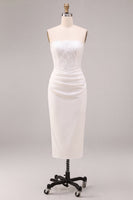 Laden Sie das Bild in den Galerie-Viewer, Weißes, trägerloses Midi-Bodycon gerafftes Korsett-Verlobungskleid mit Schlitz