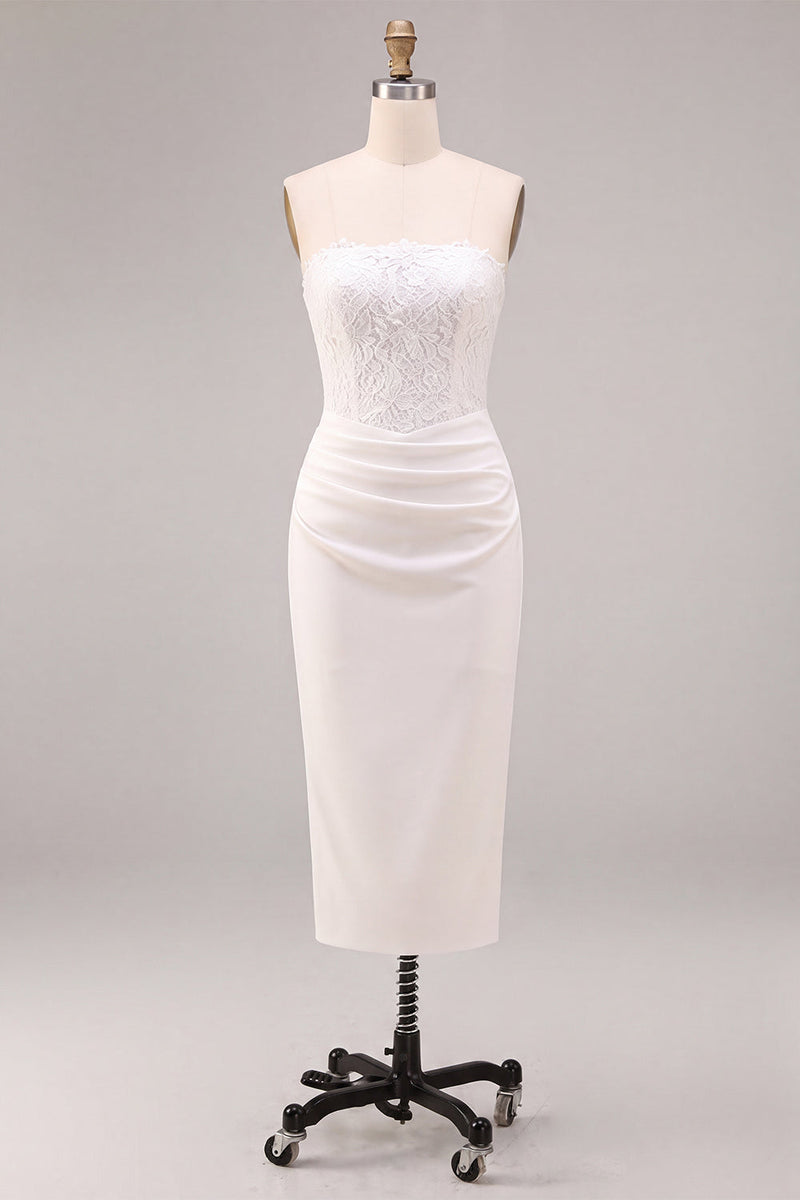 Laden Sie das Bild in den Galerie-Viewer, Weißes, trägerloses Midi-Bodycon gerafftes Korsett-Verlobungskleid mit Schlitz