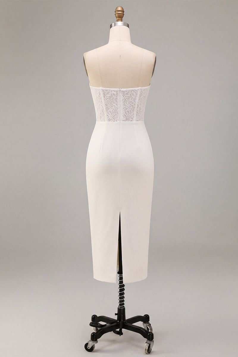Laden Sie das Bild in den Galerie-Viewer, Weißes, trägerloses Midi-Bodycon gerafftes Korsett-Verlobungskleid mit Schlitz