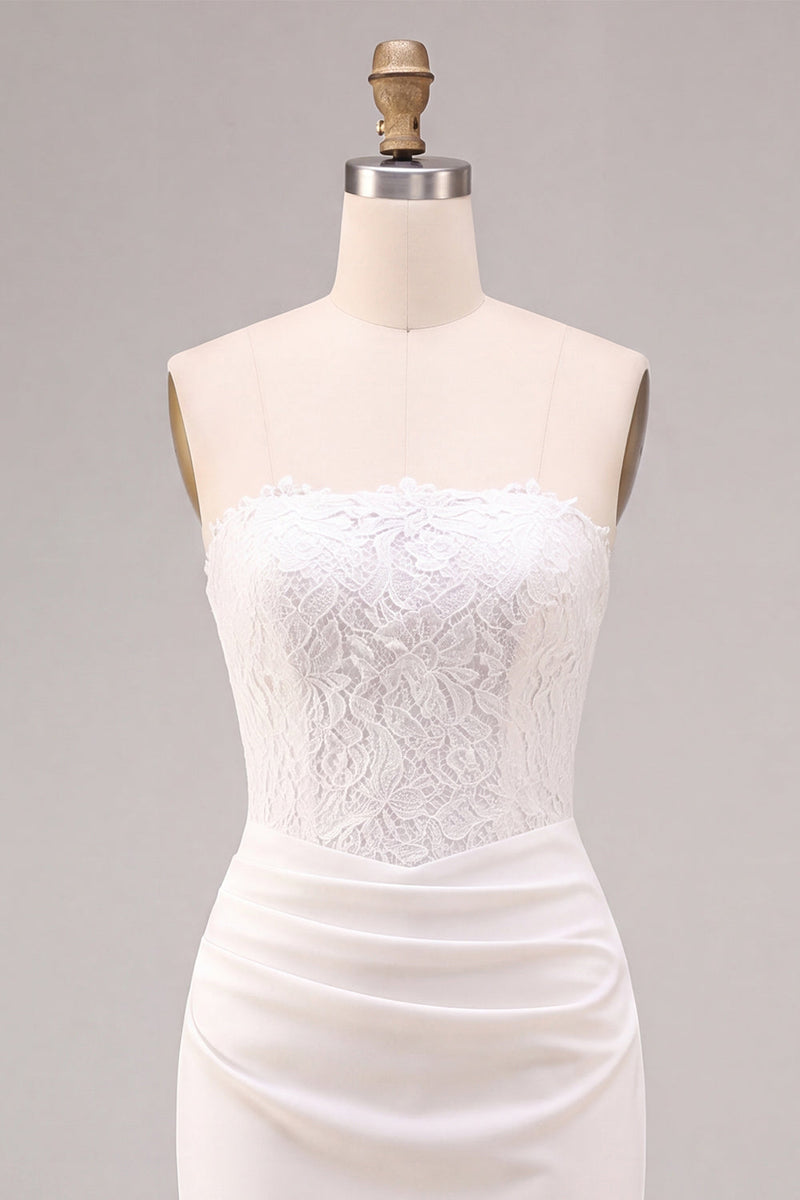 Laden Sie das Bild in den Galerie-Viewer, Weißes, trägerloses Midi-Bodycon gerafftes Korsett-Verlobungskleid mit Schlitz