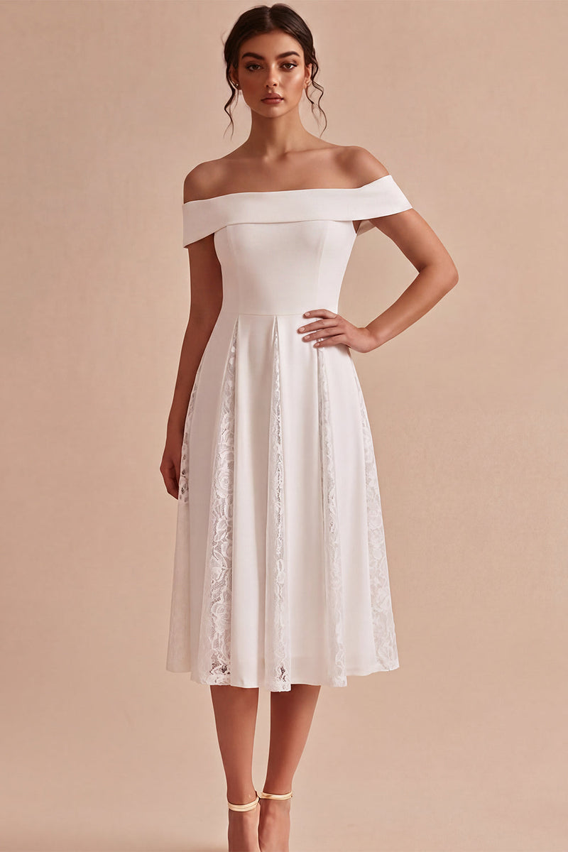Laden Sie das Bild in den Galerie-Viewer, Off-the-shoulder weißes A-Linien-Midi-Verlobungskleid mit Spitze
