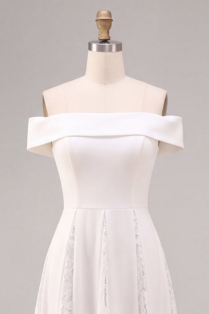 Laden Sie das Bild in den Galerie-Viewer, Off-the-shoulder weißes A-Linien-Midi-Verlobungskleid mit Spitze