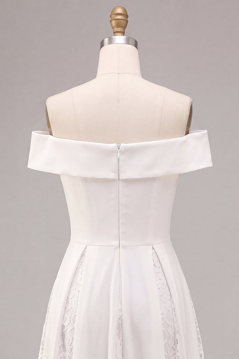 Laden Sie das Bild in den Galerie-Viewer, Off-the-shoulder weißes A-Linien-Midi-Verlobungskleid mit Spitze