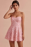 Laden Sie das Bild in den Galerie-Viewer, Rosa A-Line Sweetheart 3D Flower Short Homecoming-Kleid mit Rüschen
