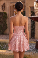 Laden Sie das Bild in den Galerie-Viewer, Rosa A-Line Sweetheart 3D Flower Short Homecoming-Kleid mit Rüschen