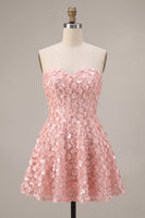 Laden Sie das Bild in den Galerie-Viewer, Rosa A-Line Sweetheart 3D Flower Short Homecoming-Kleid mit Rüschen