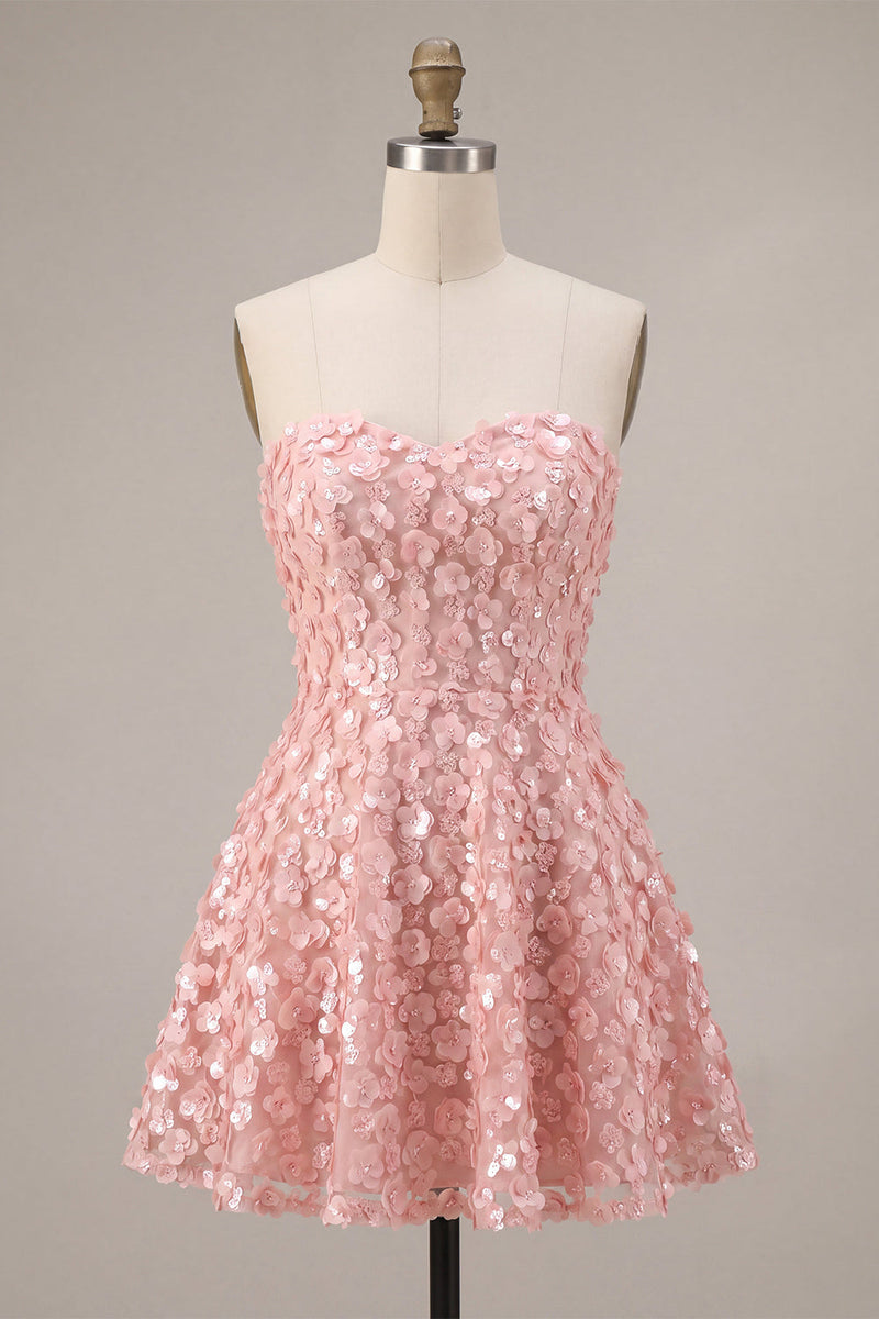 Laden Sie das Bild in den Galerie-Viewer, Rosa A-Line Sweetheart 3D Flower Short Homecoming-Kleid mit Rüschen