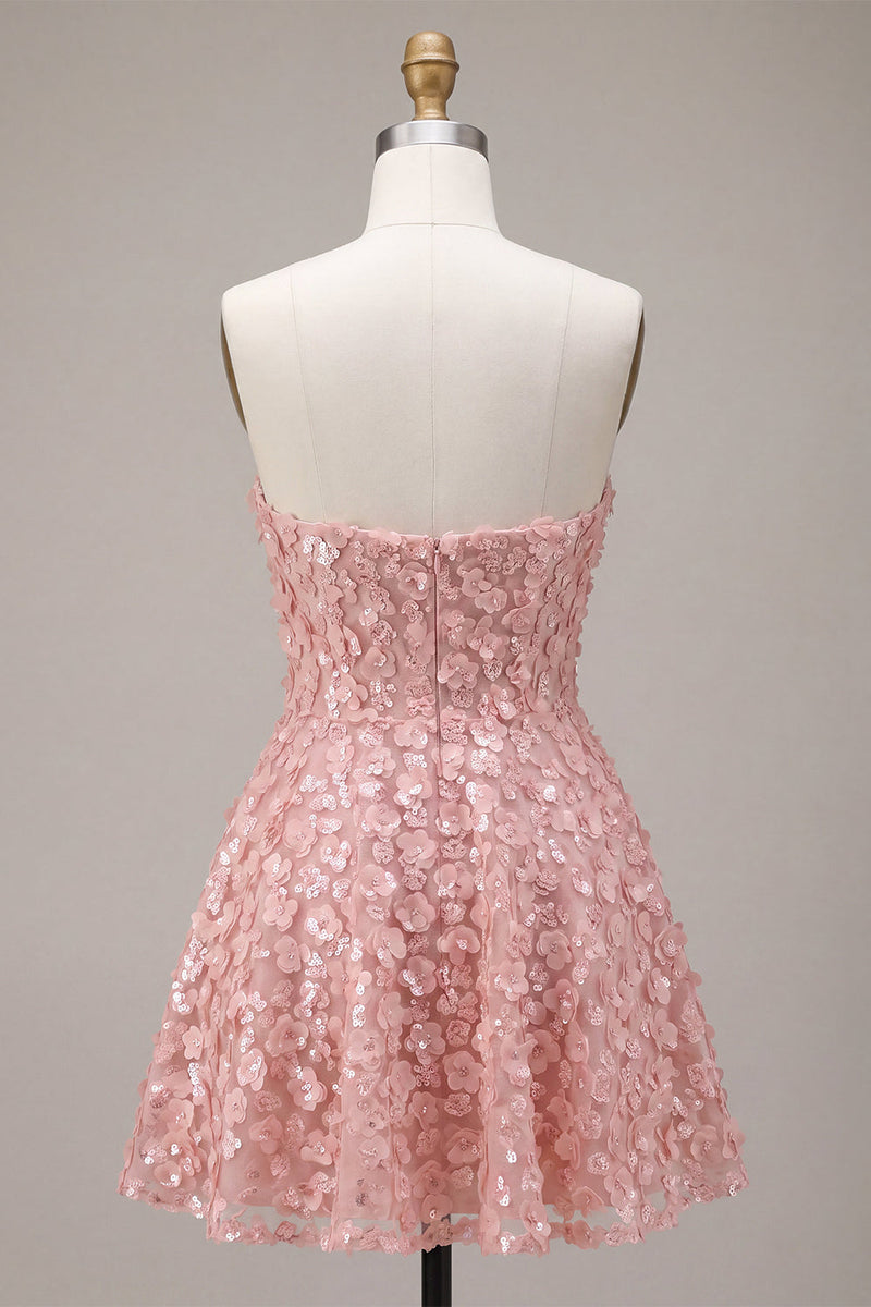 Laden Sie das Bild in den Galerie-Viewer, Rosa A-Line Sweetheart 3D Flower Short Homecoming-Kleid mit Rüschen