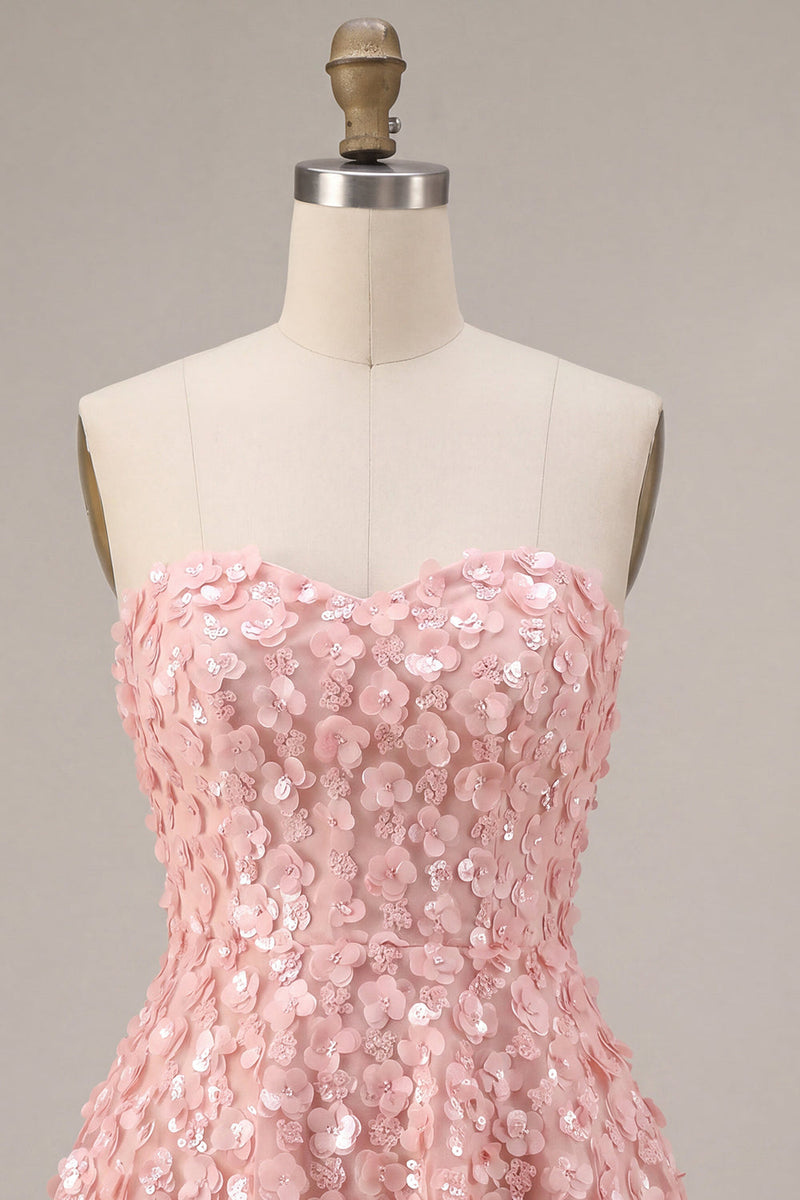 Laden Sie das Bild in den Galerie-Viewer, Rosa A-Line Sweetheart 3D Flower Short Homecoming-Kleid mit Rüschen