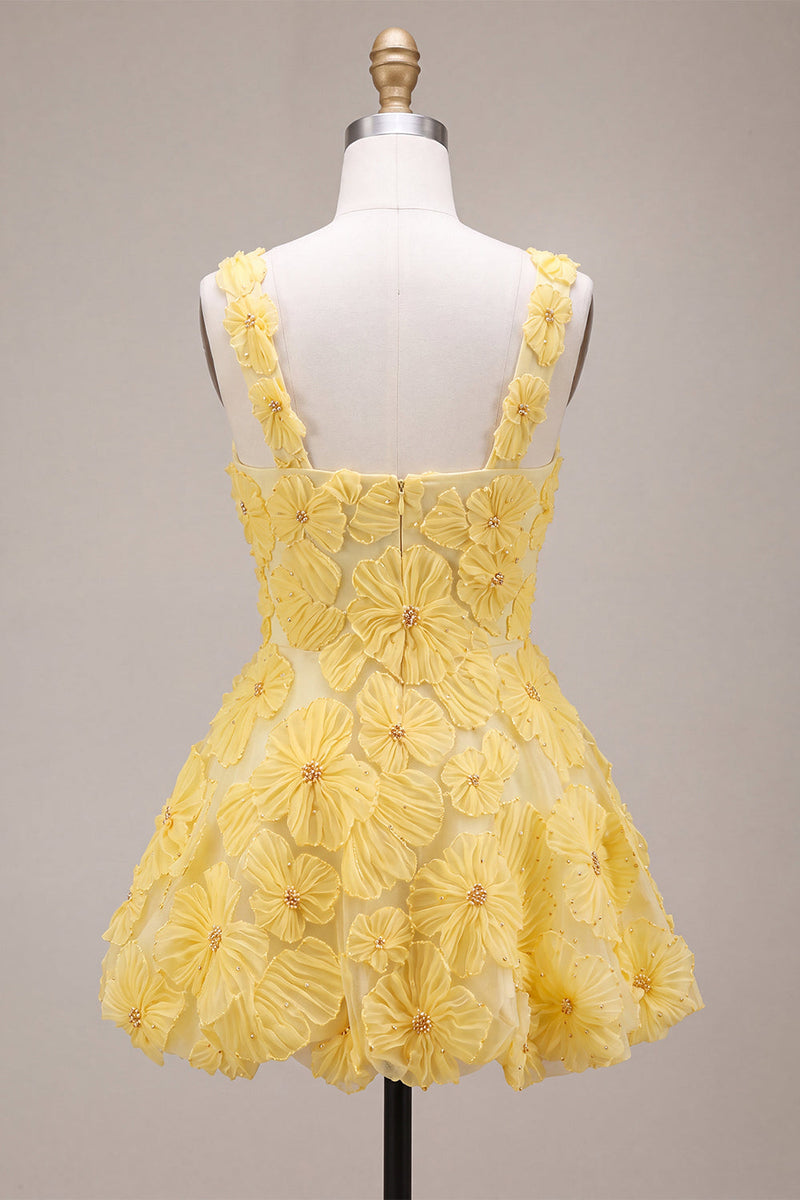 Laden Sie das Bild in den Galerie-Viewer, A-Linie Quadrathals-Perlen-Blümchen, kurzes gelbes Homecoming-Kleid mit Perlenbesatz