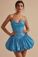 Laden Sie das Bild in den Galerie-Viewer, Glitzerndes Sweetheart Blue A-Line Pailletten-Kurz Bubble-Saum-Homecoming-Kleid