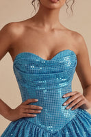 Laden Sie das Bild in den Galerie-Viewer, Glitzerndes Sweetheart Blue A-Line Pailletten-Kurz Bubble-Saum-Homecoming-Kleid