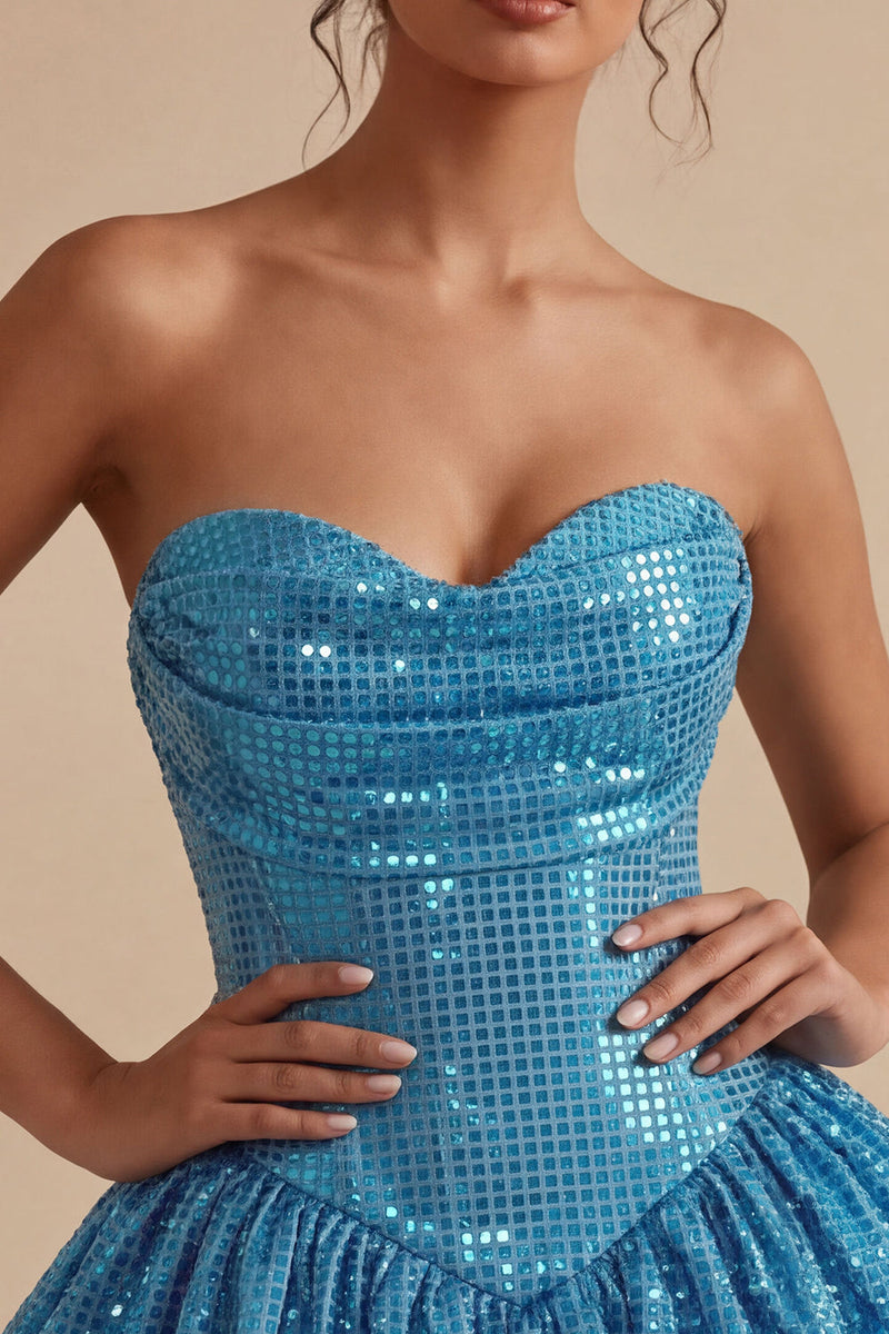 Laden Sie das Bild in den Galerie-Viewer, Glitzerndes Sweetheart Blue A-Line Pailletten-Kurz Bubble-Saum-Homecoming-Kleid