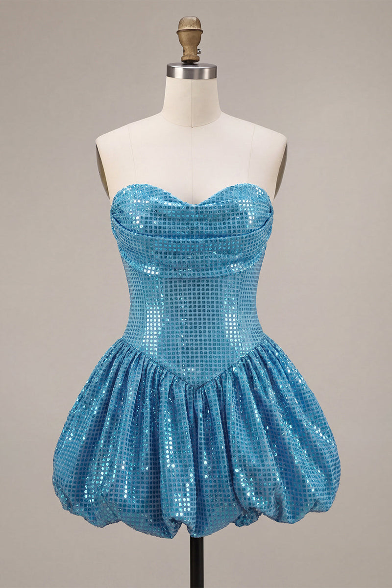 Laden Sie das Bild in den Galerie-Viewer, Glitzerndes Sweetheart Blue A-Line Pailletten-Kurz Bubble-Saum-Homecoming-Kleid