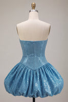 Laden Sie das Bild in den Galerie-Viewer, Glitzerndes Sweetheart Blue A-Line Pailletten-Kurz Bubble-Saum-Homecoming-Kleid
