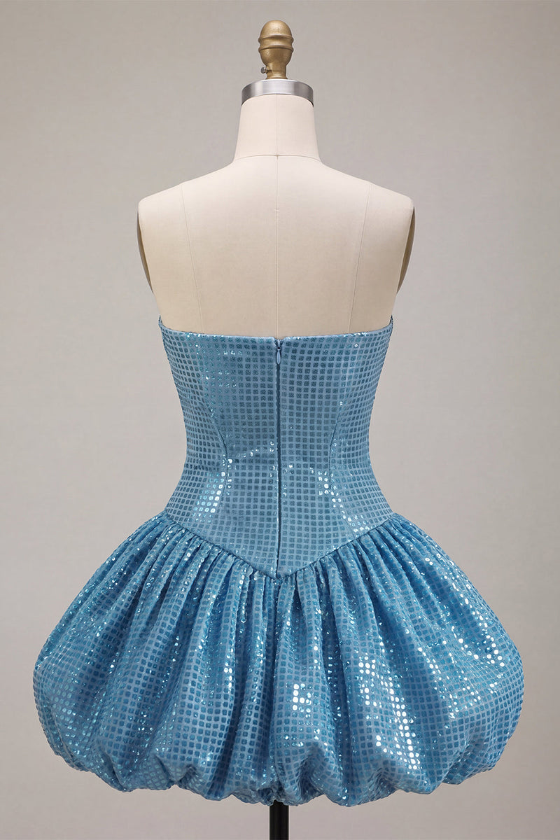 Laden Sie das Bild in den Galerie-Viewer, Glitzerndes Sweetheart Blue A-Line Pailletten-Kurz Bubble-Saum-Homecoming-Kleid
