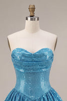 Laden Sie das Bild in den Galerie-Viewer, Glitzerndes Sweetheart Blue A-Line Pailletten-Kurz Bubble-Saum-Homecoming-Kleid