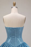 Laden Sie das Bild in den Galerie-Viewer, Glitzerndes Sweetheart Blue A-Line Pailletten-Kurz Bubble-Saum-Homecoming-Kleid