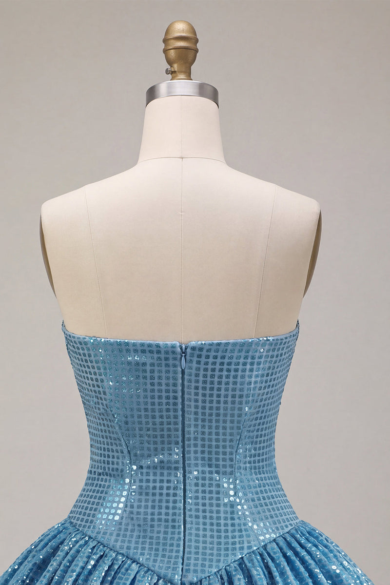 Laden Sie das Bild in den Galerie-Viewer, Glitzerndes Sweetheart Blue A-Line Pailletten-Kurz Bubble-Saum-Homecoming-Kleid