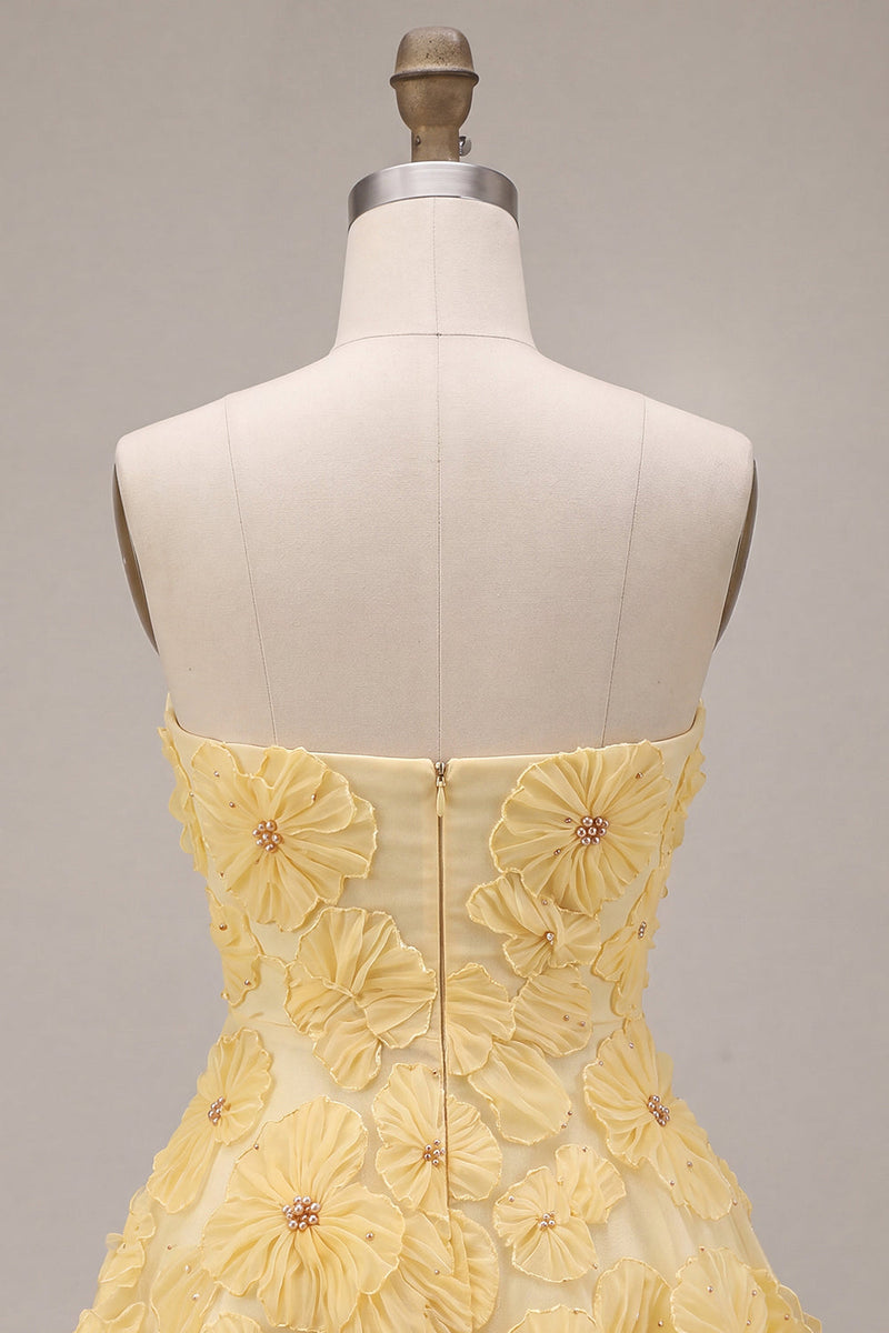 Laden Sie das Bild in den Galerie-Viewer, Gelbes Sweetheart A-Line perlenbesetztes Blumen-Homecoming-Kleid mit Rüschen