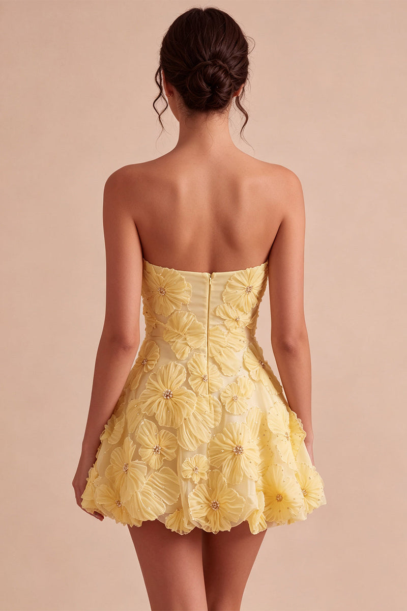 Laden Sie das Bild in den Galerie-Viewer, Gelbes Sweetheart A-Line perlenbesetztes Blumen-Homecoming-Kleid mit Rüschen