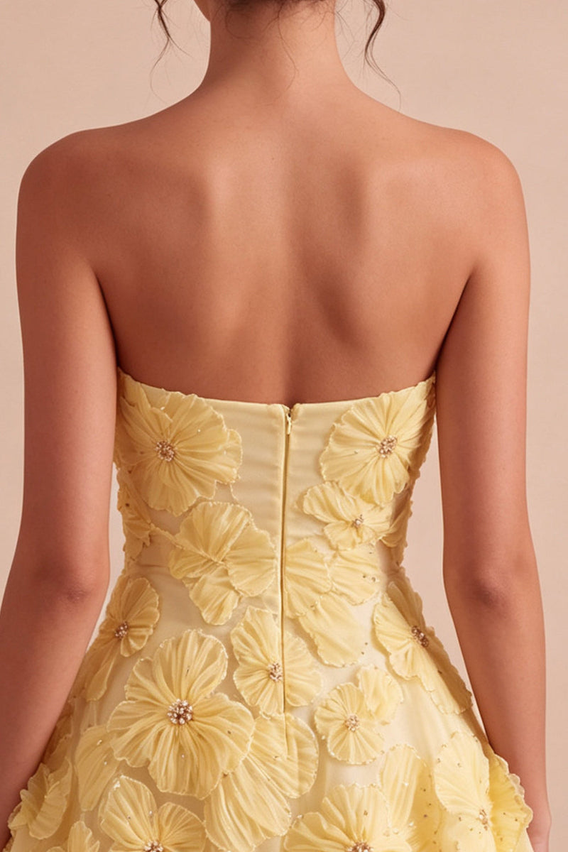 Laden Sie das Bild in den Galerie-Viewer, Gelbes Sweetheart A-Line perlenbesetztes Blumen-Homecoming-Kleid mit Rüschen