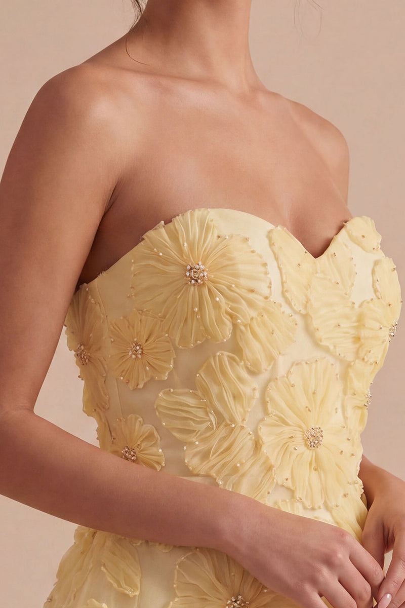 Laden Sie das Bild in den Galerie-Viewer, Gelbes Sweetheart A-Line perlenbesetztes Blumen-Homecoming-Kleid mit Rüschen