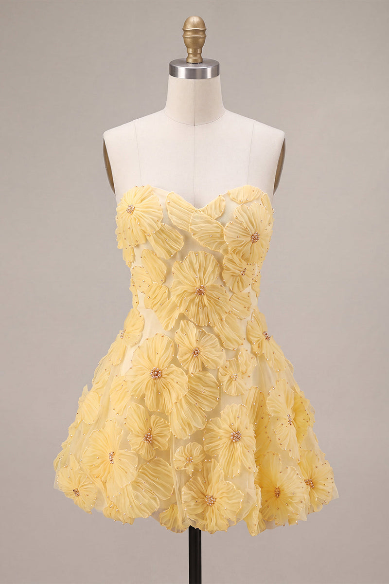 Laden Sie das Bild in den Galerie-Viewer, Gelbes Sweetheart A-Line perlenbesetztes Blumen-Homecoming-Kleid mit Rüschen