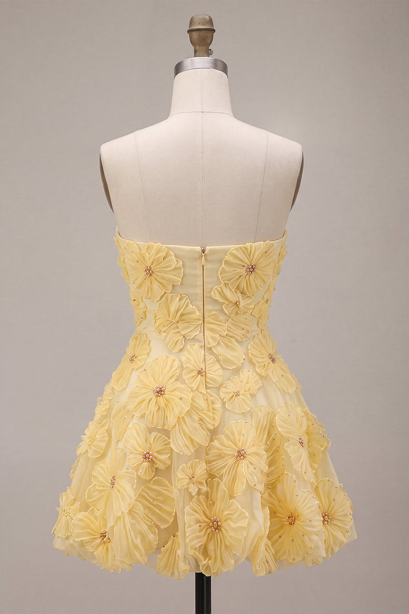 Laden Sie das Bild in den Galerie-Viewer, Gelbes Sweetheart A-Line perlenbesetztes Blumen-Homecoming-Kleid mit Rüschen