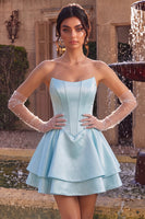 Laden Sie das Bild in den Galerie-Viewer, Trägerloses blaues baskisches Taillen-A-Linie gestuftes, gerüschendes Korsett-Satin-Homecoming-Kleid