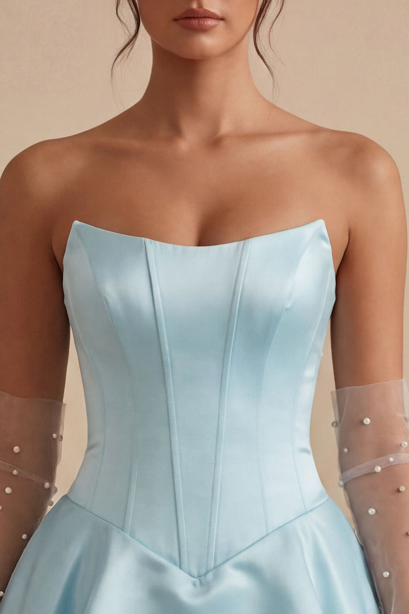 Laden Sie das Bild in den Galerie-Viewer, Trägerloses blaues baskisches Taillen-A-Linie gestuftes, gerüschendes Korsett-Satin-Homecoming-Kleid
