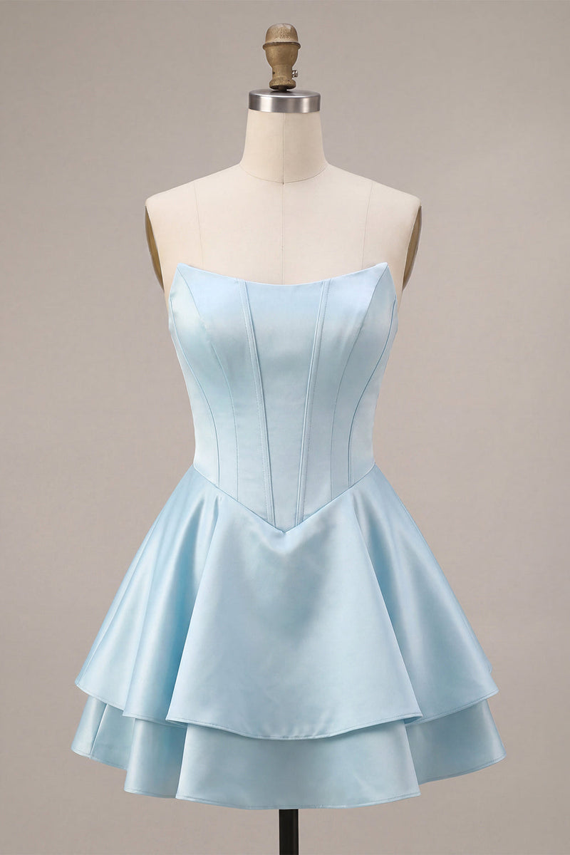 Laden Sie das Bild in den Galerie-Viewer, Trägerloses blaues baskisches Taillen-A-Linie gestuftes, gerüschendes Korsett-Satin-Homecoming-Kleid