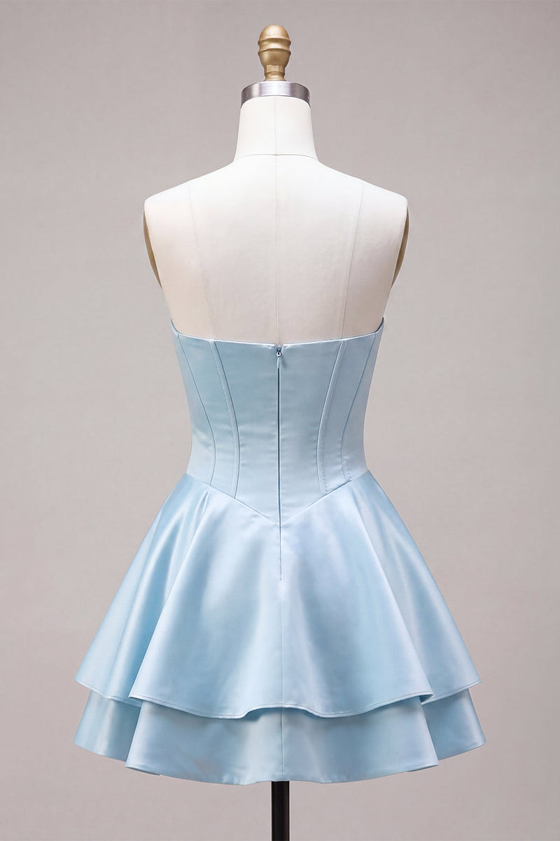 Laden Sie das Bild in den Galerie-Viewer, Trägerloses blaues baskisches Taillen-A-Linie gestuftes, gerüschendes Korsett-Satin-Homecoming-Kleid