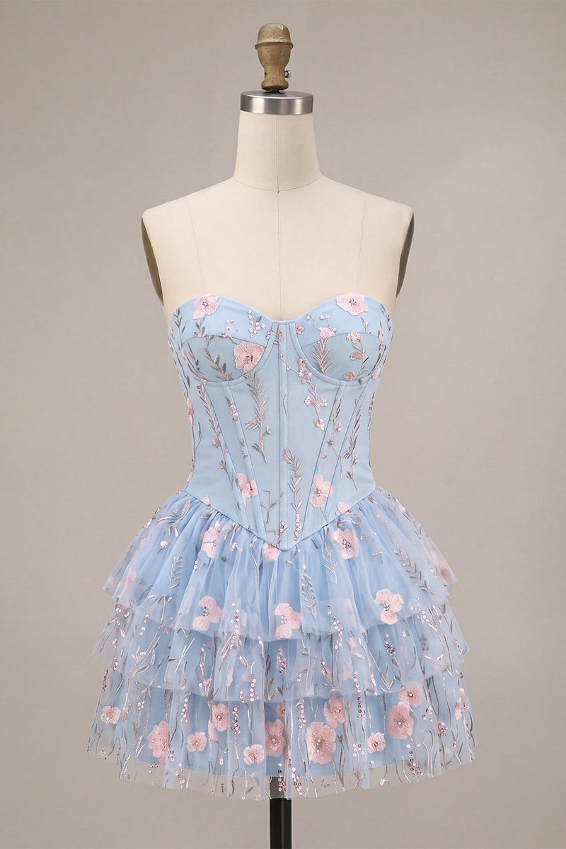 Laden Sie das Bild in den Galerie-Viewer, Blaues A-Linien-Trägerloses Korsett, floral-gestufte, rüschige baskische Taille-Homecoming-Kleid