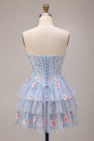 Laden Sie das Bild in den Galerie-Viewer, Blaues A-Linien-Trägerloses Korsett, floral-gestufte, rüschige baskische Taille-Homecoming-Kleid