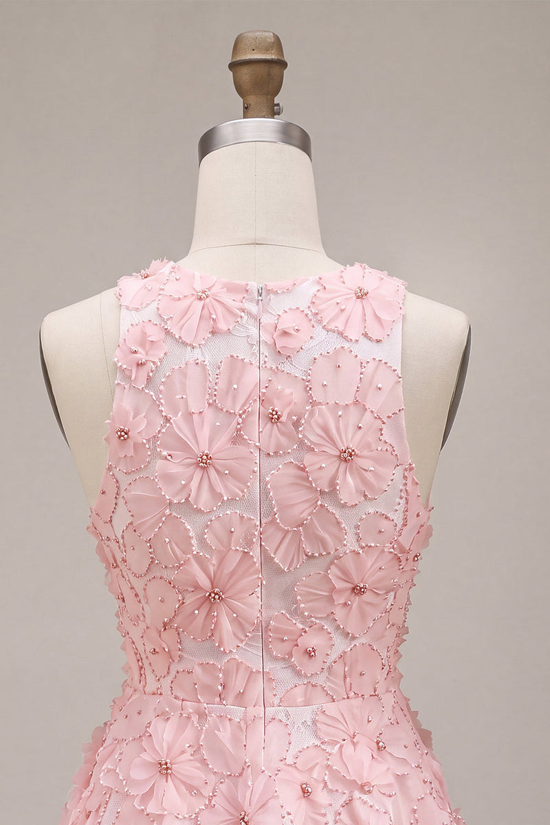 Laden Sie das Bild in den Galerie-Viewer, Rosa A-Linie geblümtes Rundhals-Perlenkleid mit Rüschen Homecoming-Kleid und Perlenbesatz