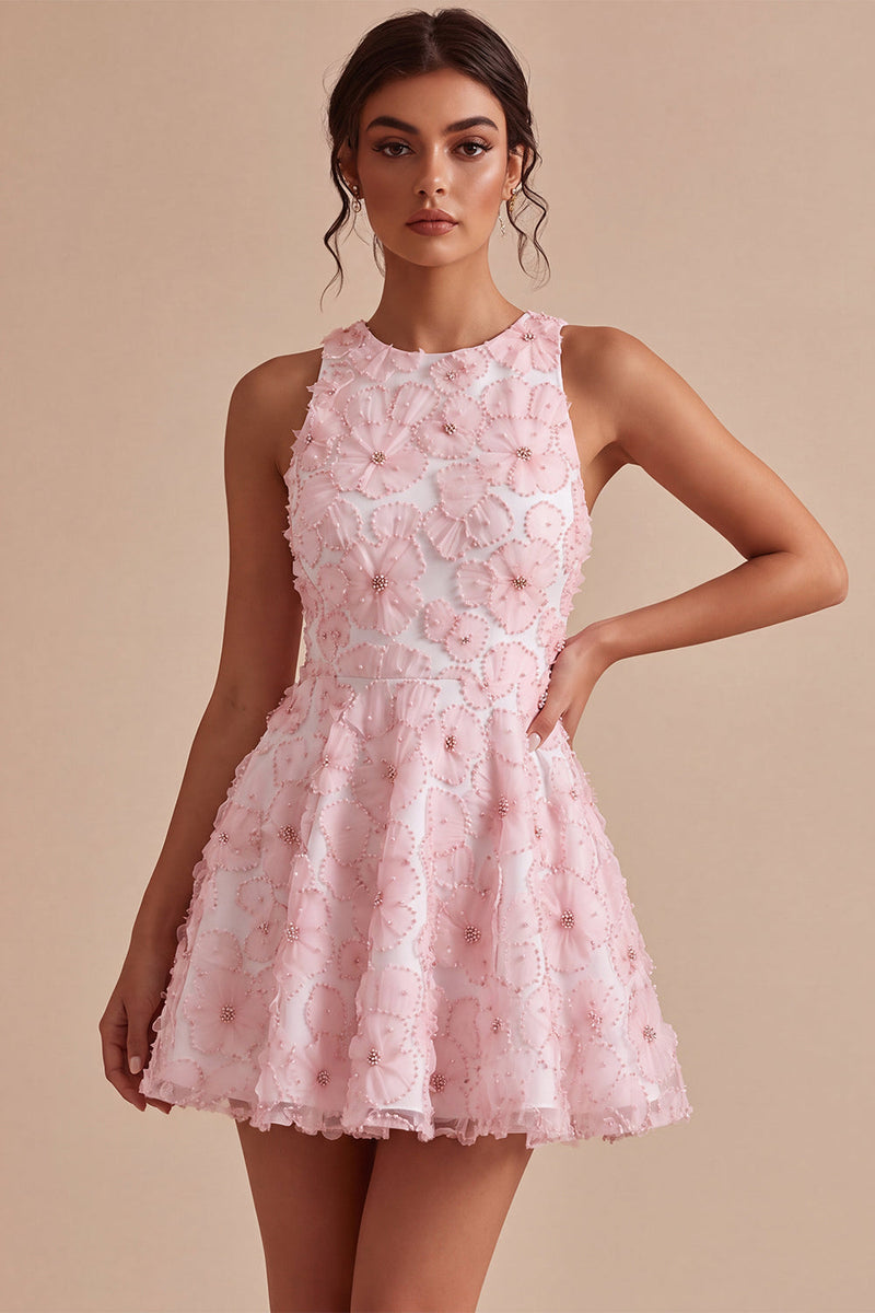 Laden Sie das Bild in den Galerie-Viewer, Rosa A-Linie geblümtes Rundhals-Perlenkleid mit Rüschen Homecoming-Kleid und Perlenbesatz