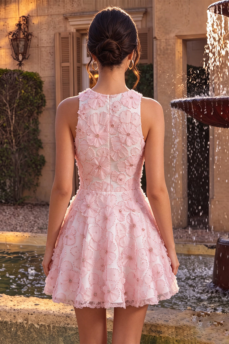 Laden Sie das Bild in den Galerie-Viewer, Rosa A-Linie geblümtes Rundhals-Perlenkleid mit Rüschen Homecoming-Kleid und Perlenbesatz