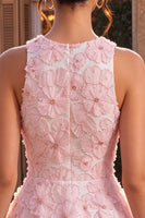Laden Sie das Bild in den Galerie-Viewer, Rosa A-Linie geblümtes Rundhals-Perlenkleid mit Rüschen Homecoming-Kleid und Perlenbesatz