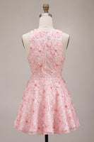 Laden Sie das Bild in den Galerie-Viewer, Rosa A-Linie geblümtes Rundhals-Perlenkleid mit Rüschen Homecoming-Kleid und Perlenbesatz