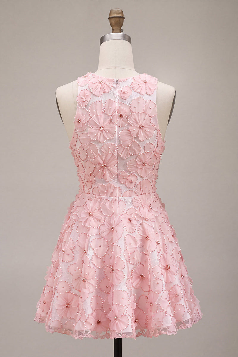 Laden Sie das Bild in den Galerie-Viewer, Rosa A-Linie geblümtes Rundhals-Perlenkleid mit Rüschen Homecoming-Kleid und Perlenbesatz