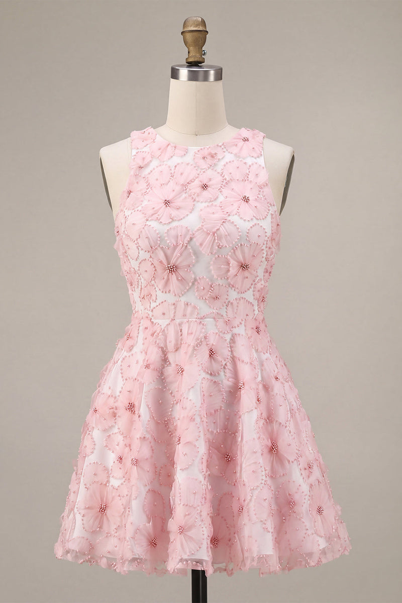 Laden Sie das Bild in den Galerie-Viewer, Rosa A-Linie geblümtes Rundhals-Perlenkleid mit Rüschen Homecoming-Kleid und Perlenbesatz